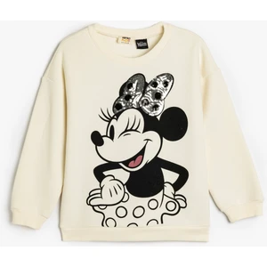 Minnie Mouse Sweatshirt Lisanslı Pullu Payetli Uzun Kollu Bisiklet Yaka Şardonlu