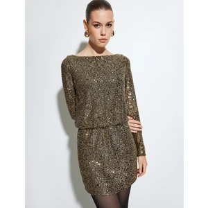 Pullu Payetli Kayık Yaka Uzun Kollu Mini Sırt Detaylı Abiye Elbise