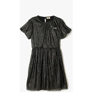 Elbise Tül Detaylı Yuvarlak Yaka Kısa Kollu Fiyonklu