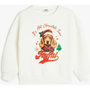 Yılbaşı Temalı Sweatshirt Uzun Kollu Köpek Baskılı Bisiklet Yaka Şardonlu