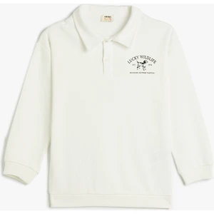 Polo Yaka Sweatshirt Köpek Baskılı Uzun Kollu Pamuklu