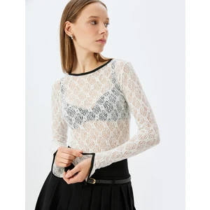 Bisiklet Yaka Biyeli Uzun Kollu Slim Fit Dantel Tişört