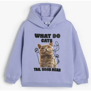 Kapşonlu Sweatshirt Kedi Baskılı Uzun Kollu