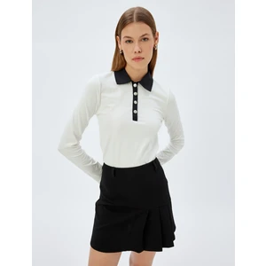 Polo Yaka Tişört Renk Kontrastlı Düğmeli Uzun Kollu Pamuklu Slim Fit