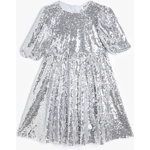 Pullu Payetli Elbise Yuvarlak Yaka Kısa Kollu