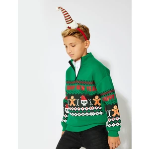 Sweatshirt Yılbaşı Temalı Dik Yaka Yarım Fermuarlı Kuru Kafa Baskılı