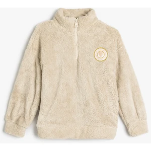 Oversize Peluş Sweatshirt Dik Yaka Yarım Fermuarlı Uzun Kollu