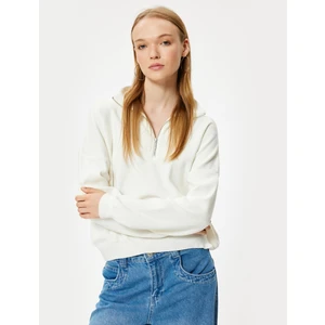 Yarım Fermuarlı Kazak Uzun Kollu Viskon Karışımlı Düşük Omuzlu