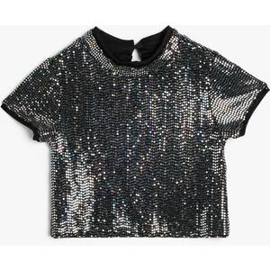 Pullu Payetli Parlak Bluz Kısa Kollu Bisiklet Yaka