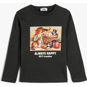 Tişört Uzun Kollu Kedi Baskılı Bisiklet Yaka Pamuklu