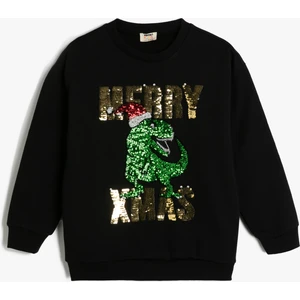 Oversize Sweatshirt Yılbaşı Temalı Pullu Payetli Dinozor Baskılı Uzun Kollu Bisiklet Yaka