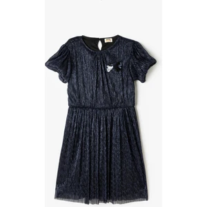 Elbise Tül Detaylı Yuvarlak Yaka Kısa Kollu Fiyonklu