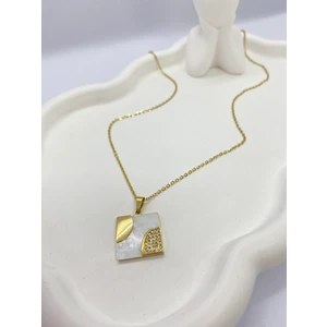 Lucky B&e Beyaz Sedefli Karo Model Çelik Kolye Gold