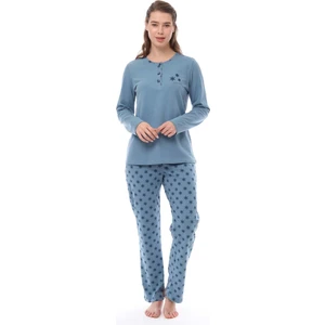 1536 Kadın Üç Düğmeli Pijama Takımı Uzun Kol Büyük Beden