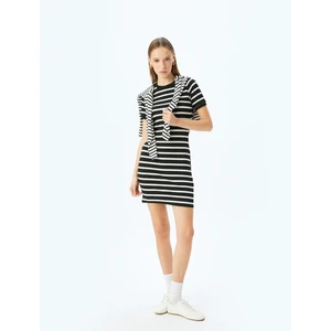 Bisiklet Yaka Kısa Kollu Fitilli Mini Bodycon Elbise