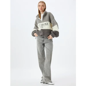 Peluş Sweatshirt Oversize Yarım Fermuarlı Kolej Nakışlı Renk Bloklu
