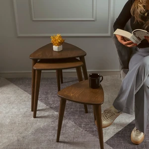 Masif Doğal Ahşap Zigon Sehpa 3'lü Set Modern Masif Yan Sehpa Ceviz