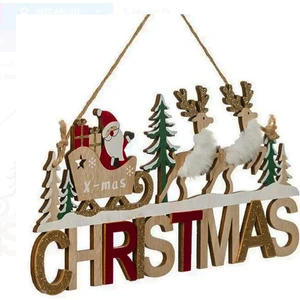 Ahşap Dekoratif Kürklü Geyikleri, Kızaklı Noel Babası ile Christmas Kapı Süsü 30  cm - Dekoratif ve  Ahşap Yılbaşı Süsü