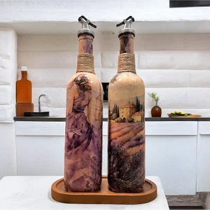 Mes Reves Design Lila Kadın Desenli 750 ml Zeytinyağı Sıvıyağ Şişesi Yağdanlık Yağlık Sirkelik Sosluk 2'li Set