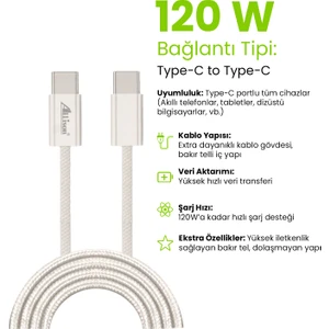 120W Hızlı Şarj ve Data Kablosu Type-C To Type-C – Extra Dayanıklı 2.5 Metre Kablo Gövdesi
