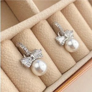 Fiyonk Küpe İnci Sallantılı Zirkon Taşlı Çelik Gümüş