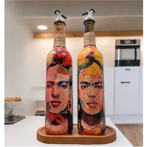 Mes Reves Design Renkli Kadın Desenli 750 ml Zeytinyağı Sıvıyağ Şişesi Yağdanlık Yağlık Sirkelik Sosluk 2'li Set