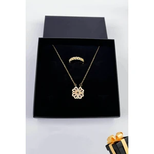 Trend Collection Kadın Paslanmaz Çelik Gold Zirkon Taşlı Yonca Kalp Kolye ve Taşlı Yüzük Set (Hediyelik)