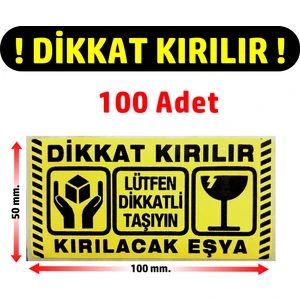 Dijital Barkod Dikkat Kırılır Sarı Zemin Sticker Fragile Kargo Uyarı Etiketi Dikkat Kırılacak Eşya 100 Adet