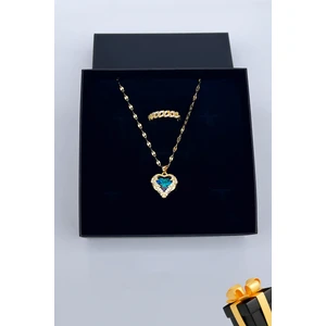 Trend Collection Kadın Paslanmaz Çelik Gold Zirkon Taşlı Kalp Kolye ve Taşlı Yüzük Set (Hediyelik)