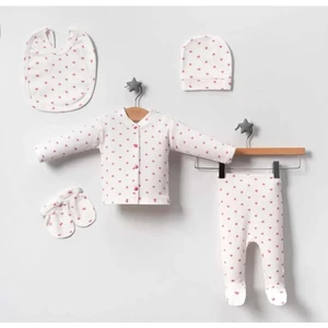 Hastane Çıkışı Yeni Doğan Organik 5 Parça Zıbın Seti Ekru Kumaşa Pembe Kalpli Kutulu