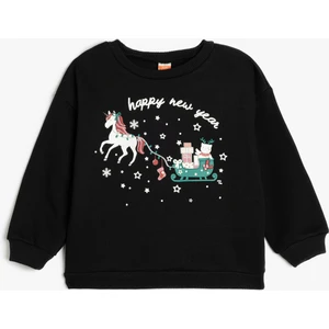 Sweatshirt Yılbaşı Baskılı Uzun Kollu Bisiklet Yaka Pamuklu Şardonlu