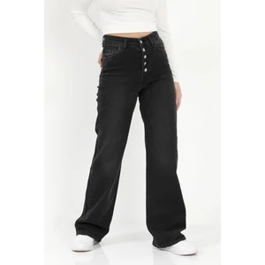 Kadın Palazzo Jean Siyah Likralı Düğmeli Yüksek Bel Pamuklu Kot Pantolon - 607-2472