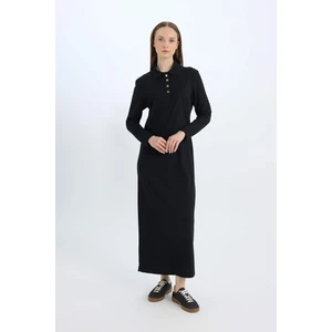 Regular Fit Gömlek Yaka Basic Düz Uzun Kollu Pike Maxi Elbise E1417AX24WN