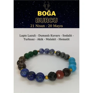 Boğa Burcu Bilekliği Akik, Turkuaz, Hematit, Dumanlı Kuvars, Sodalit, Malakit, Lapis Lazuli