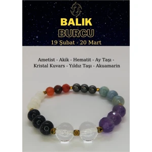 Balık Burcu Bilekliği Ametist, Akik, Aytaşı, Kristal Kuvars, Akuamarin, Yıldız Taşı, Hematit