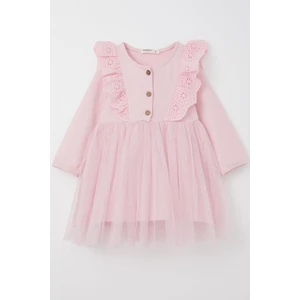 Kız Çocuk Uzun Kollu Elbise Tüllü Güpürlü 1.5-5 Yaş, Pembe