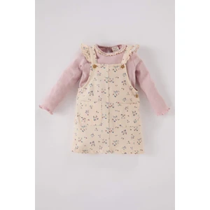 Kız Bebek 2'li Takım Bisiklet Yaka Uzun Kollu Tişört Çiçekli Gabardin Salopet Elbise D5171A524WN