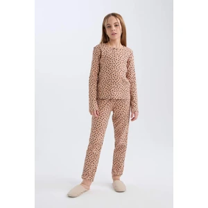 Kız Çocuk Pijama Takımı Fitilli Kaşkorse Desenli Bisiklet Yaka Uzun Kollu Üst Uzun Alt D7748A824WN