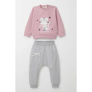 Kız Bebek Şalvar Tipi Eşofman Takım Kedicik Nakışlı 6 Ay-2 Yaş, Gülkurusu