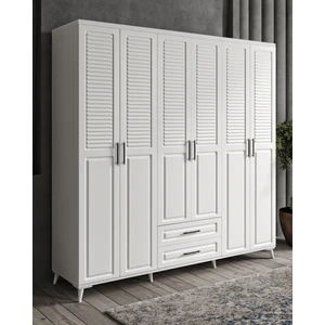 - Sanat 6 Kapaklı Beyaz Gardırop - Komple MDF Çekmeceli Elbise Dolabı -  Montaj