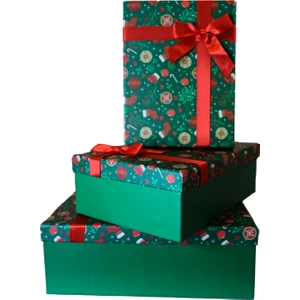 3'lü Yılbaşı Temalı Dekoratif Fiyonklu Hediye Kutusu Yeşil 35X25X13 cm Büyük Boy
