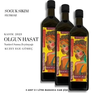 Natürel Sızma Zeytinyağı Soğuk Sıkım Olgun Hasat 2023 (3 adet x 1.0 Litre) Marasca Cam Şişe