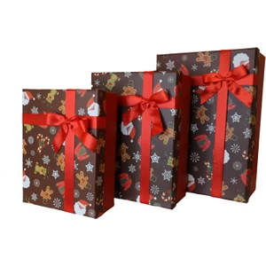 3'lü Yılbaşı Temalı Dekoratif Fiyonklu Hediye Kutusu Kahverengi 35X25X13 cm Büyük Boy