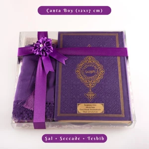 Şal + Seccade + Tesbih + Kuran Hediye Seti (Çanta Boy, Termo Deri, Mor)