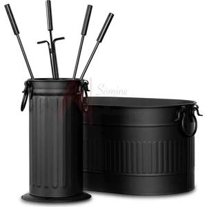 Şömine Aksesuarcısı Siyah Oval Odunluk ve Maşa Takımı Seti