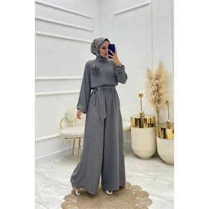 Dip Moda Kadın Gri Kuşaklı Gül Detaylı Salaş Tulum DPMS003