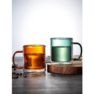 Linan Ware 2'li Çift Cidarlı Borosilikat Cam Nostaljik Kahverengi&yeşil Kupa Bardak 350 ml