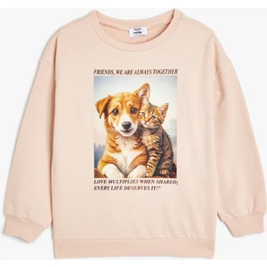 Sweatshirt Bisiklet Yaka Köpek Baskılı Uzun Kollu Pamuklu