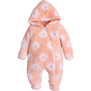 Kışlık Tatlı Peluş Kapüşonlu Çiçek Desenli Bebek Çocuk Welsoft Tulum
