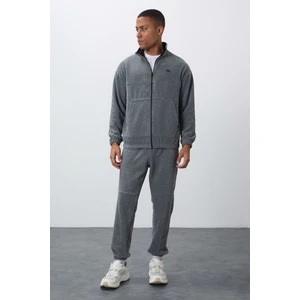 Tommy Life Gri Melanj Kalın Yumuşak Dokulu Comfort Fit Nakışlı Erkek Eşofman Takım - 85269